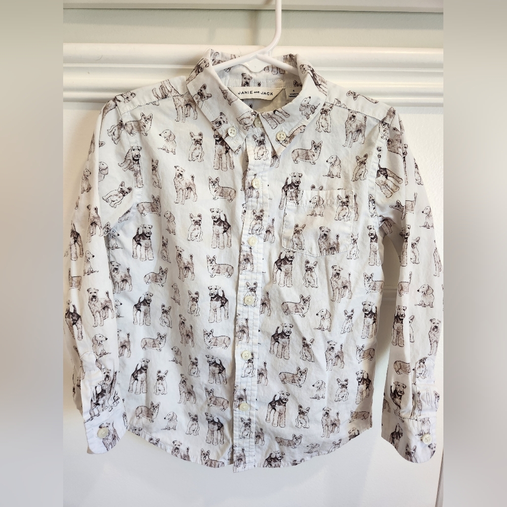 Janie And Jack Cotton Dog Print Long Sleeve Button-up Shirt 4yr